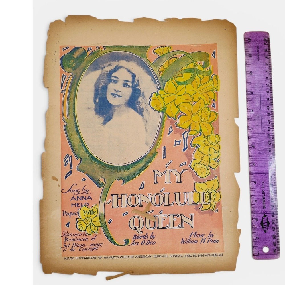 My Honolulu Queen 1901 Antique Sheet Music Floral Art Nouveau Piano Chicago